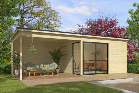 8711615183126 1060267 Outdoor Life Products Tuinhuis Blokhut met Overkapping Olivia 385x295 + Aanbouw 2