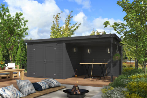 8711615183003 1060203 Outdoor Life Products Tuinhuis Blokhut met Overkapping Lars 500x250 Carbon Grey 2