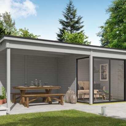 8711615183089 1060262 Outdoor Life Products Tuinhuis Blokhut met Overkapping Julia 295x295 + Aanbouw Platinum Grey 2 min