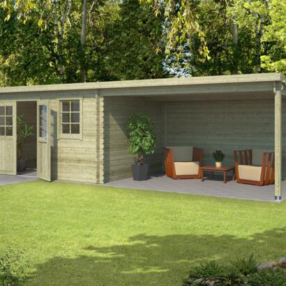 8711471200944 1009606 Outdoor Life Products Tuinhuis Blokhut met Overkapping Aida 760x275 Olijfgroen Geïmpregneerd 2 min